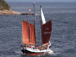 A gaff schooner sailing goose winged.